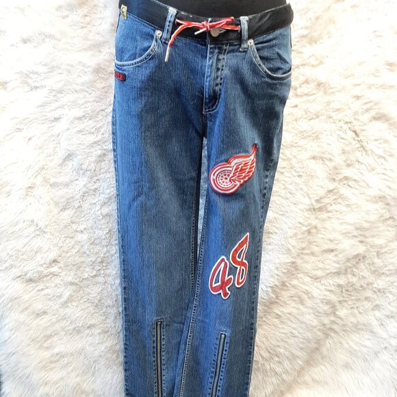 Vintage Y2K Hockey Women's Detroit Red Wings NHL Fan Denim Jeans W31 - Picture 1 of 13